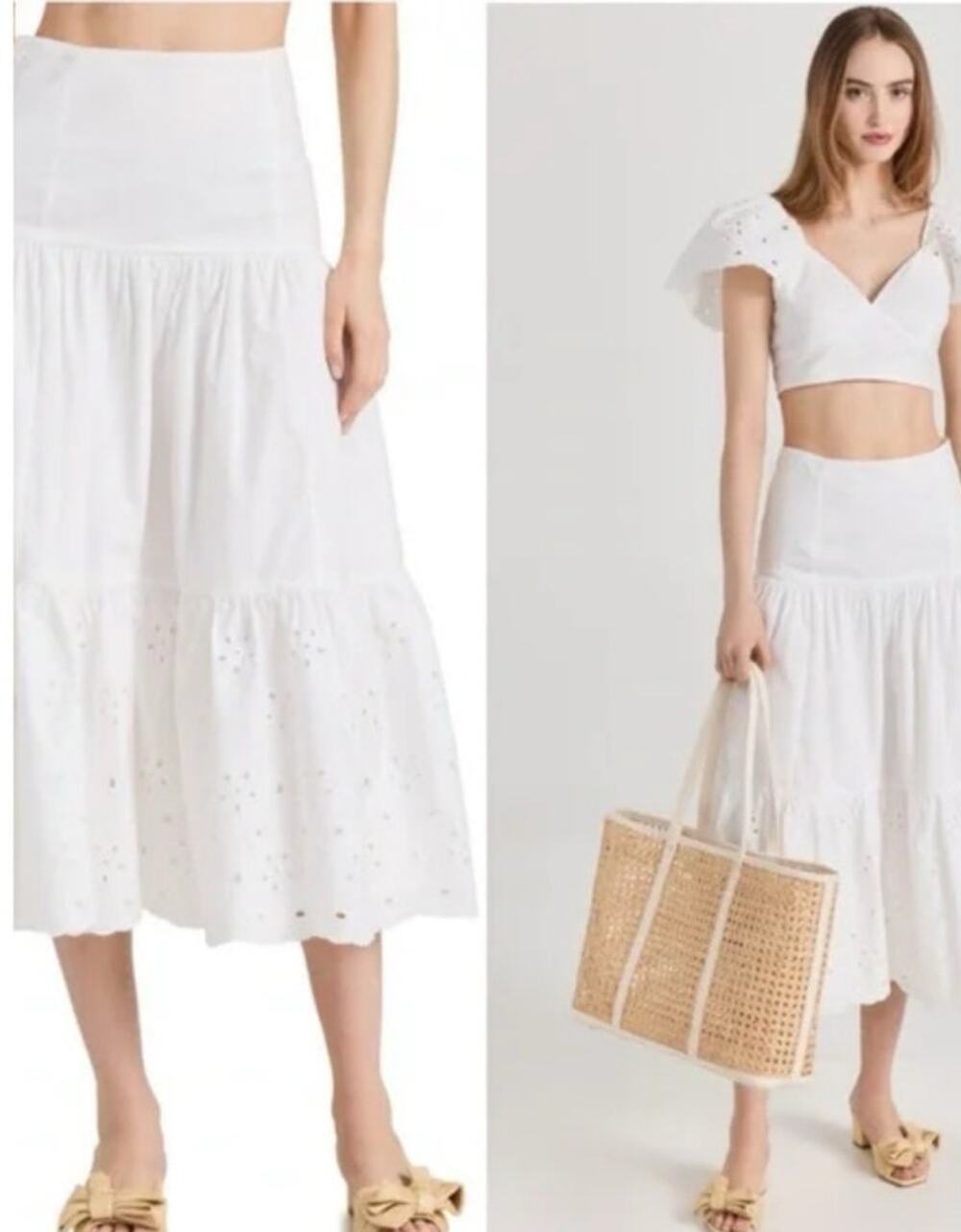 En Saison Byblos White Eyelet Tiered Midi‎ Skirt Cotton Boho Sz M NWT